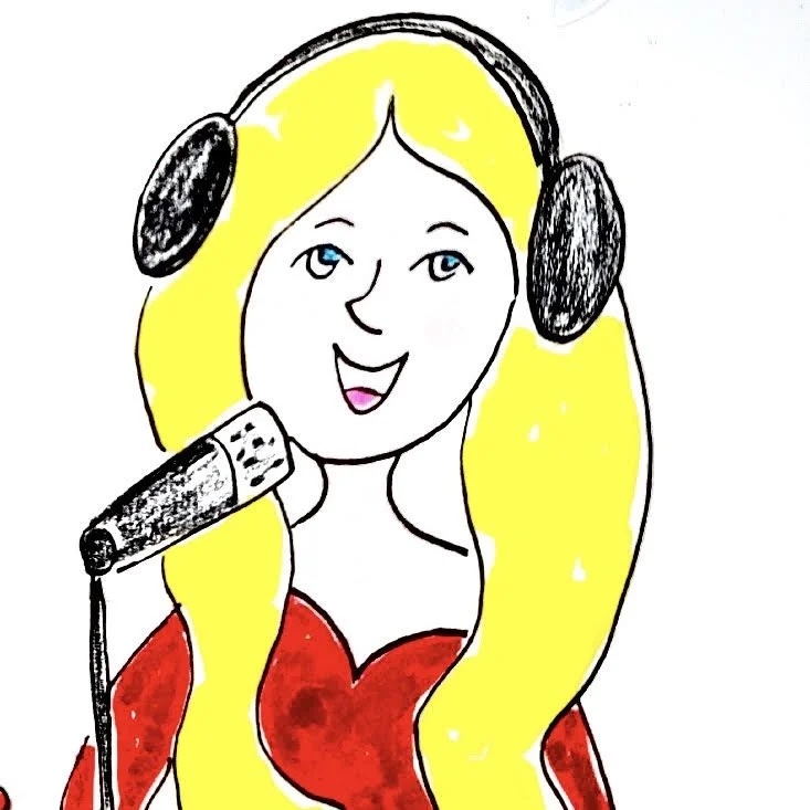 Cartoon illustration of PatZi in a red dress, wearing headphones and speaking into a microphone